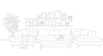 Obraz premium A minimalist living room featuring a large sectional sofa shelving and framed artwork