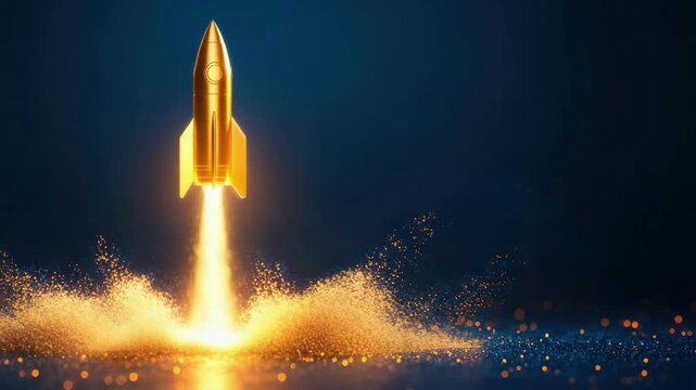 Golden rocket launching with fiery sparks in dark sky