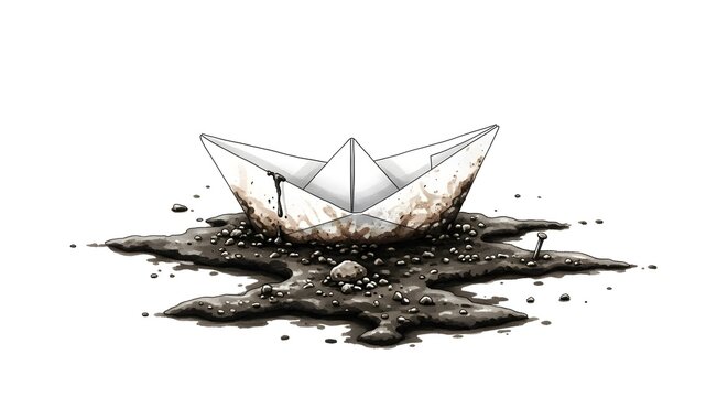 Dirty white paper boat sinking in oil spill on water surface