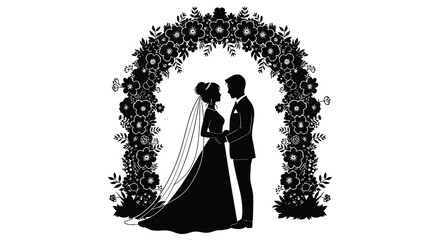 A newlywed couple stands beneath a floral archway gazing into each other s eyes in a striking silhouette high quality professional detailed © GDSneha02