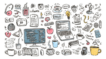 Naklejka premium Colorful Digital Illustration of Various Office Technology and Gadgets on a Workspace Table