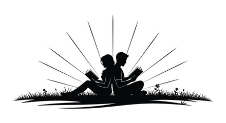 A couple sits back to back reading books surrounded by radiating lines and grassy field a striking silhouette high quality professional detailed modern © GDSneha02