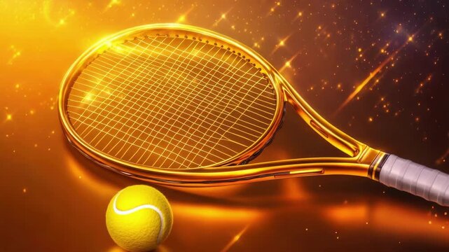 Golden tennis racket and ball sparkling on vibrant background