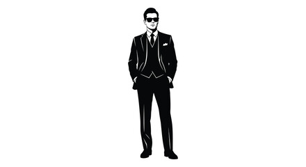 A sharply dressed man in a full suit and sunglasses stands confidently presented as a silhouette high quality professional detailed modern © GDSneha02