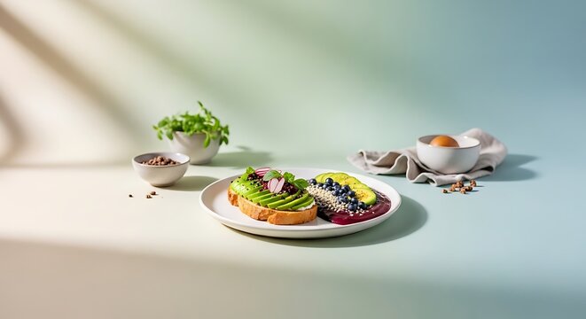 A plate of food with avocado toast and fruit