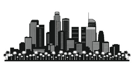 A striking black and white cityscape of los angeles featuring palm trees and modern architecture depicted as a silhouette high quality © GDSneha02