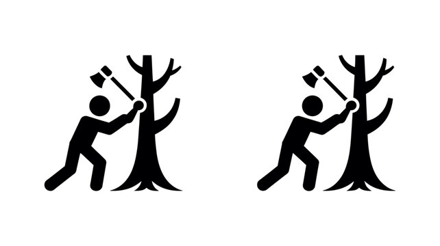 Man cutting down tree with axe vector icons in solid and line art styles for environmental design projects