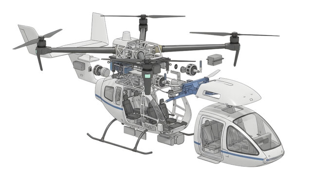 Modular Urban Air Taxi Drone Blueprint with Detachable Passenger Pod Quad Rotor VTOL Aircraft Technical Schematic Isolated on White Background