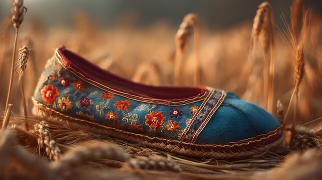 Blue floral slipper nestled in wheat field at golden hour