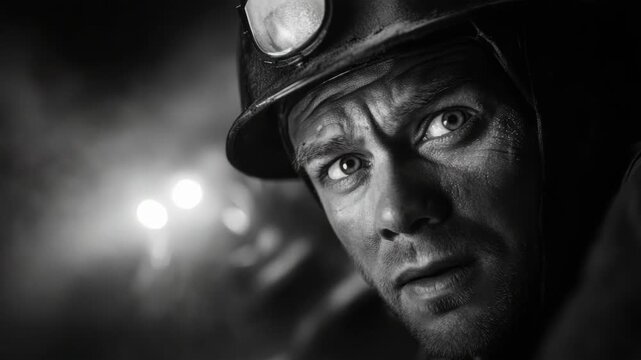 Determined caucasian adult man miner in dark tunnel with headlamp