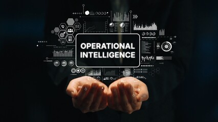 Hands Holding Concept of Operational Intelligence with Data Visualizations and Graphs for Business...