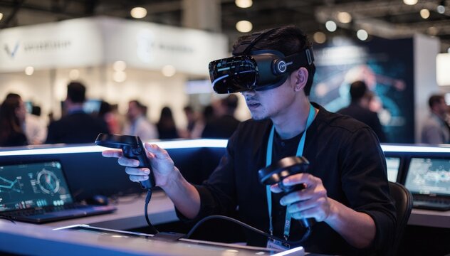 Medium shot of an interactive tech tryout station where a participant uses virtual reality gear with blurred crowds in the background.