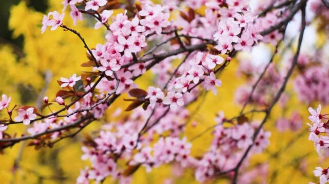 Blooming cherry blossom branch with pink buds swaying in the wind, spring nature background, delicate sakura flowers in motion, seasonal bloom, soft floral scene, tranquil outdoor atmosphere