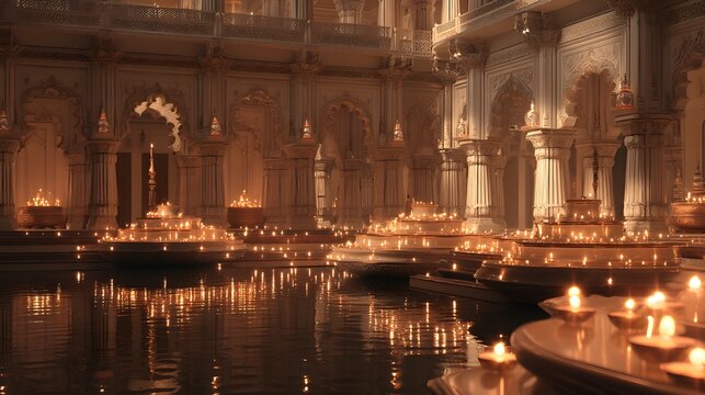 Luxurious church hall with candlelight shimmering across reflective surfaces