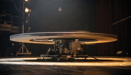 Obraz premium Rotating platform in medium shot spinning gently with focus on the motorized base blurred theatrical set creating a dynamic automation scene.