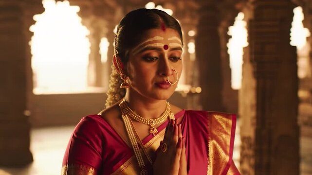 Indian woman in traditional attire standing inside a temple.