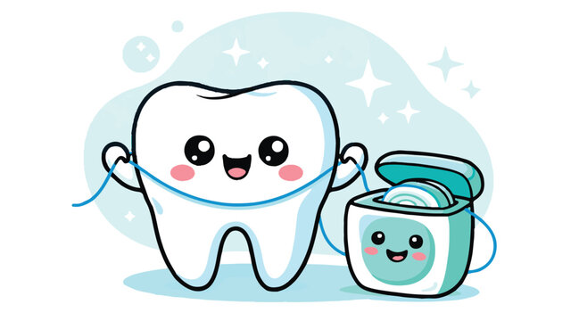 Cute cartoon tooth character flossing with dental floss container, vector illustration for dental hygiene and oral health care concept