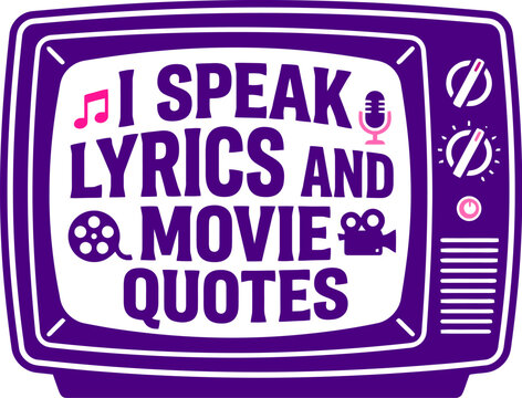 Retro television vector illustration with movie quotes text, vintage purple TV screen with lyrics and cinema icons, nostalgic pop culture graphic