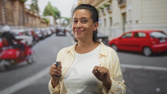 Woman holding car keys points finger toward camera while smiling beside parked cars on street; confidence readiness.