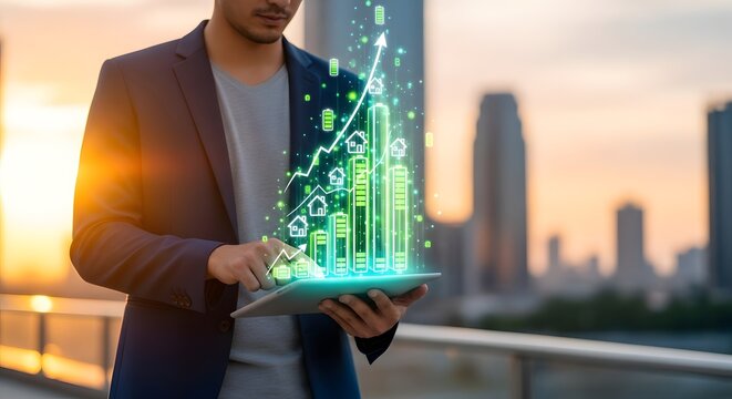 Professional man interacts with tablet showing rising glowing green graphs and battery houses symbolizing sustainable market growth