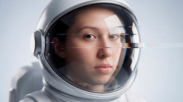 Astronaut and space traveler facing futuristic communication distortion