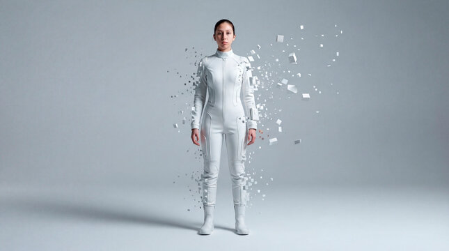 Minimalist space astronaut disintegrate into geometric data structure