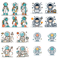 Fototapeta premium Child in spacesuit, exploring space and looking joyful in cartoon style 