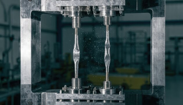 Medium shot showcasing tensile testing measurement on steel samples emphasizing material strength evaluation under scientific observation.