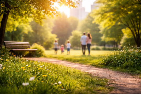 a family enjoying a sunny day together in a park. a candid, unposed moment of people bonding outdoors with a rustic dirt path and wildflowers.