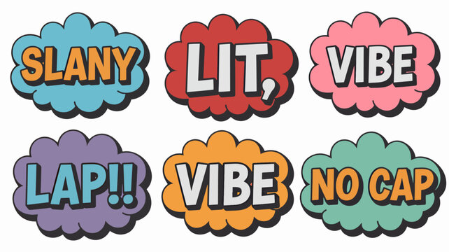 Colorful cloud shaped stickers, Slang phrases, Social media buzzwords, Vector graphics