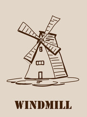Obraz premium Windmill image on beige background, EPS10 vector illustration, hand-drawn windmill in simplified cartoon style, for game design, landscape and agricultural themes.