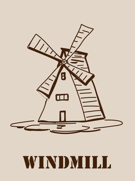 
Windmill image on beige background, EPS10 vector illustration, hand-drawn windmill in simplified cartoon style, for game design, landscape and agricultural themes.