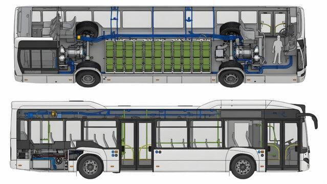 Electric City Bus CAD Blueprint with Modular Battery Architecture Underfloor Energy Pack Layout Technical Top and Side Elevation Drawing