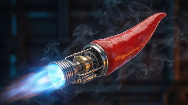 Surreal Red Hot Chili Pepper Jet Engine with Blue Flames