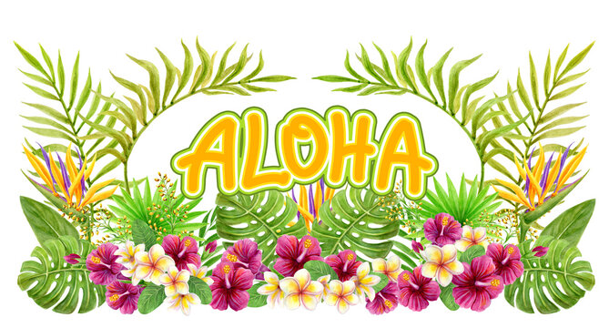 Aloha Hawaii greeting. Tropical greenery arrangement. Hand drawn watercolor painting with Hibiscus flowers and palm leaves isolated on white background.