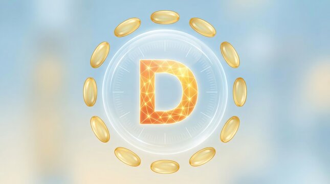 Vitamin D supplement capsules circulating around a glowing letter D, symbolizing bone health, immunity, and essential daily nutrient intake for wellness and energy