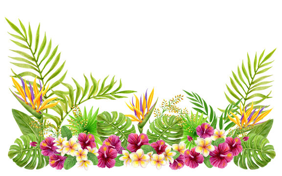 Tropical flowers and greenery arrangement. Hand drawn watercolor painting with Hibiscus flowers and palm leaves isolated on white background.