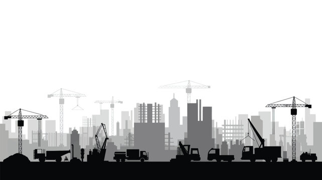 Silhouette of Industrial Port with Cranes and Ships at Dusk in Monochrome Illustration