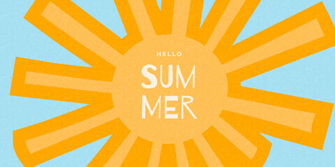 Hello summer banner with hand drawn sun illustration. Yellow sunshine doodle icon on blue background with greeting text. Seasonal heat symbol and vacation concept for web and social media. © Svitla