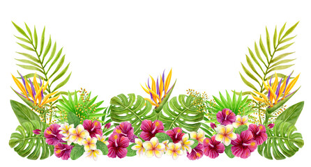 Tropical flowers and greenery arrangement. Hand drawn watercolor painting with Hibiscus flowers and palm leaves isolated on white background. © Marisha