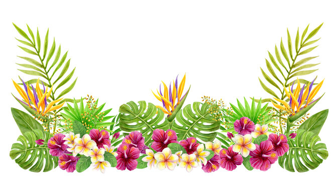 Tropical flowers and greenery arrangement. Hand drawn watercolor painting with Hibiscus flowers and palm leaves isolated on white background.