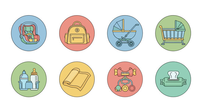 Colorful icons of baby nursery objects.