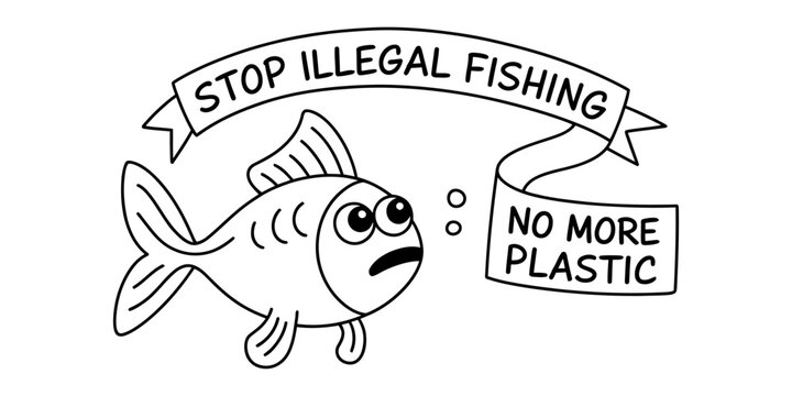 A black and white line drawing of a sad fish advocating for the end of illegal fishing practices Vector, illustration