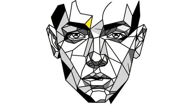Geometric illustration of a face in grayscale with a yellow triangle on forehead
