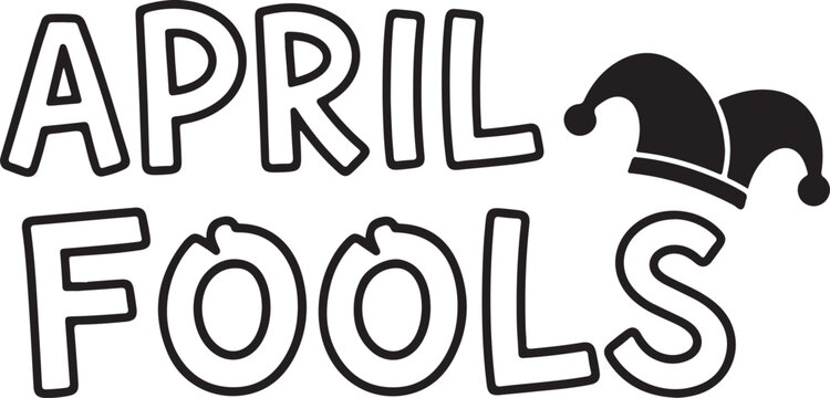 April fools text with a black jester hat on a white background