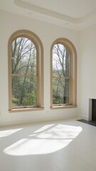 Fototapeta premium Spacious sunny room with vaulted ceiling, arched windows, and modern living area.