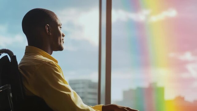 A man sitting at a desk, lost in thought as he gazes out the window and sees a vibrant rainbow arched across the city skyline. This could be indicative of a creative or imaginative mind.