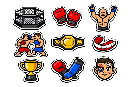 Cartoon mma stickers: fighters, gear, and trophy illustrations.