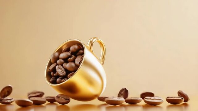 Golden coffee cup with floating beans on warm beige background