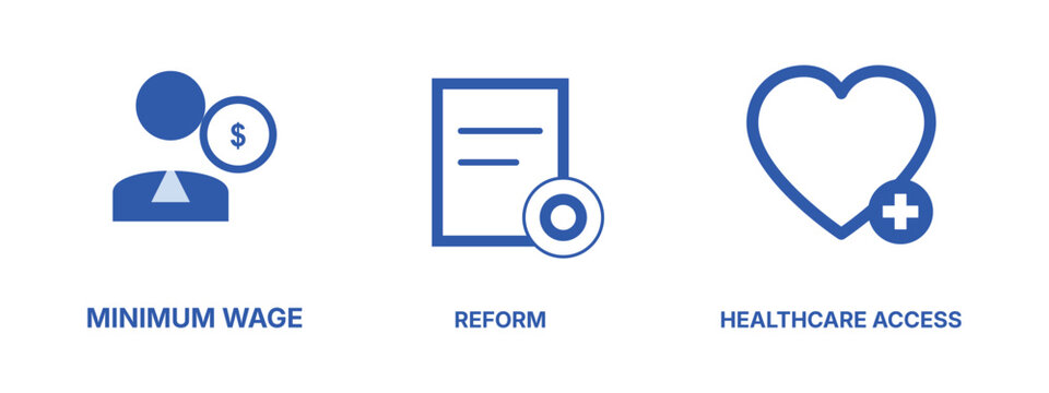 Minimum wage reform healthcare access icons for economy.